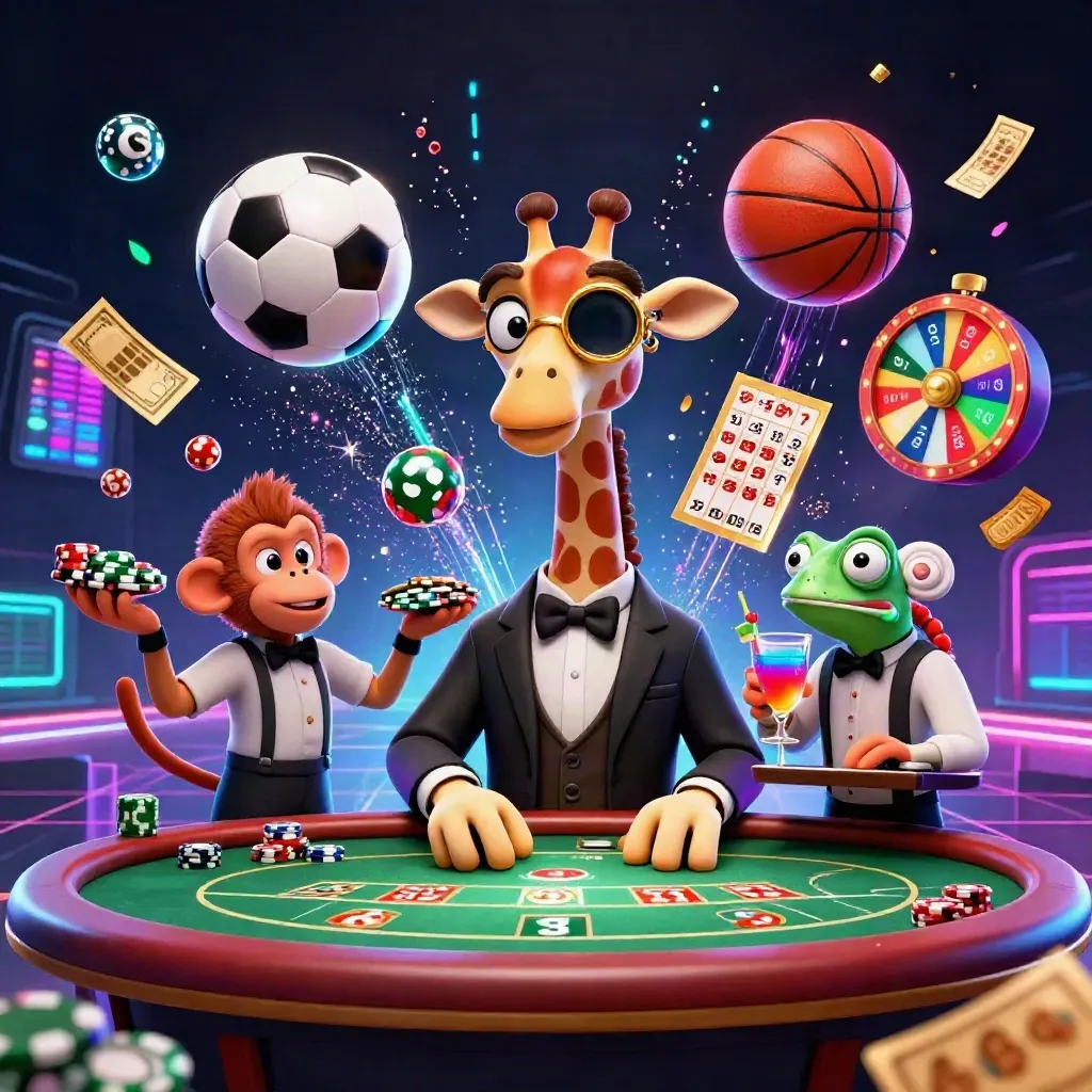 Giraffe, monkey and chameleon casino crew amid flying balls, neon bolts and casino props.