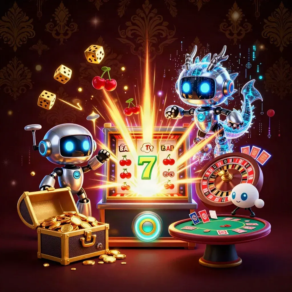 Robot, holographic dragon and coin drone explode through a slot machine with gold, dice and casino symbols.