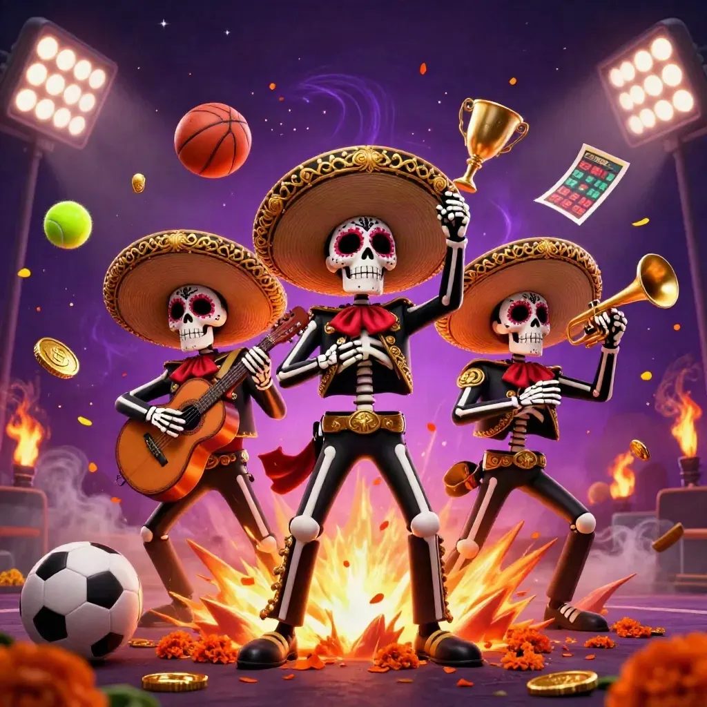Skeleton mariachi trio amid flying sports balls, trophy, coins and neon casino firelight.