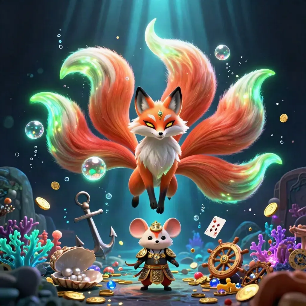 Fox spirit and samurai mouse in an underwater treasure cove with glowing coral and gold coins.