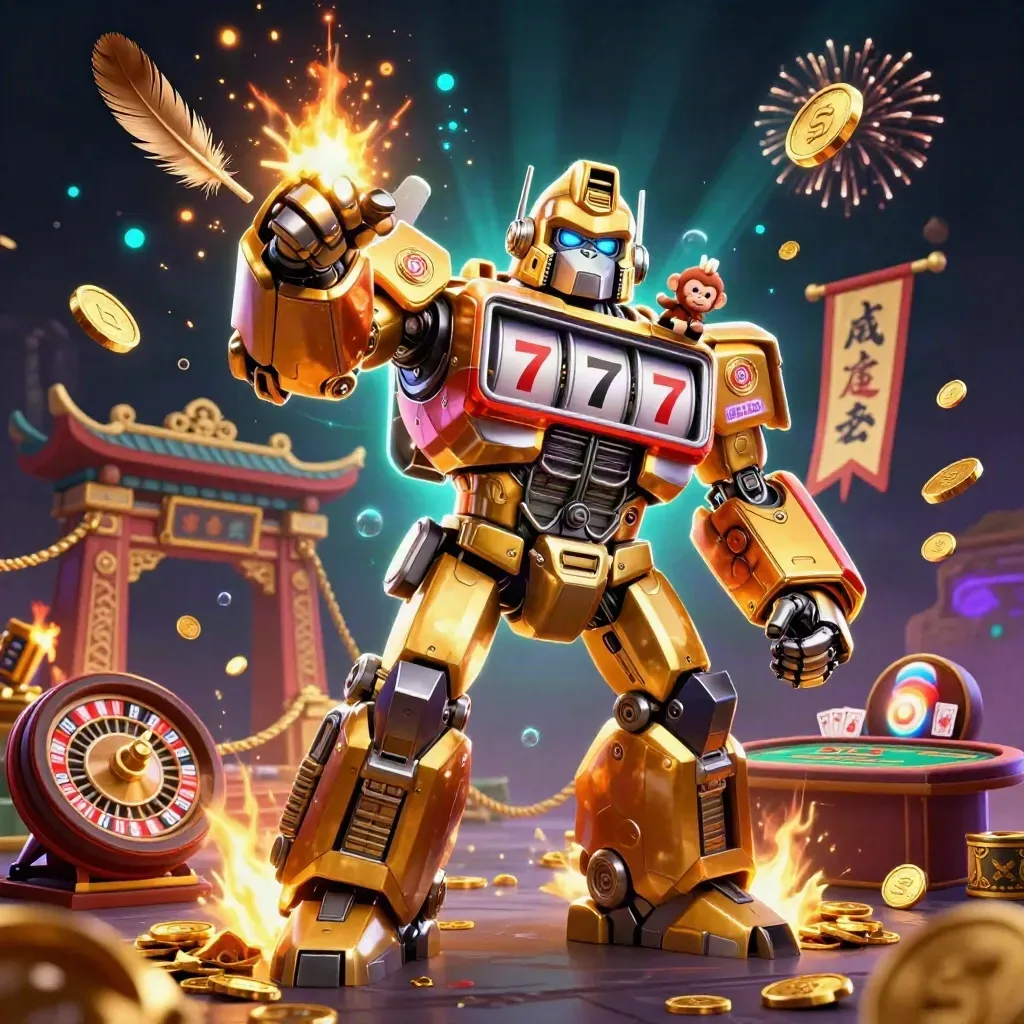 Golden gorilla slot mech with monkey pilot amid casino treasure, fireworks, and neon gothic magic.