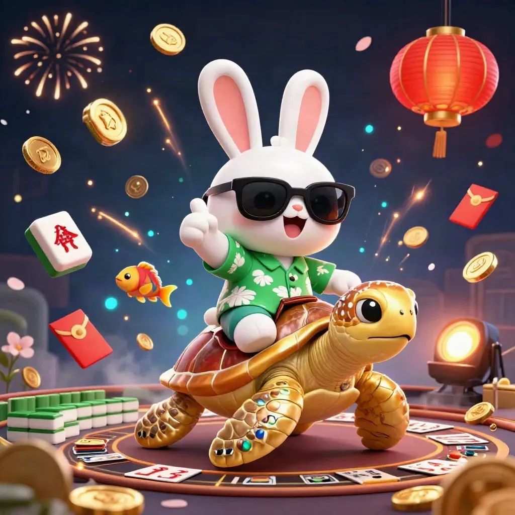Cartoon rabbit on a gold turtle amid coins, fireworks, lanterns, and casino props on a dark neon background.