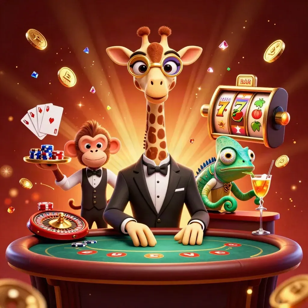 Giraffe, monkey valet, and chameleon bartender in a gothic casino with coins, chips, cards, and roulette glow