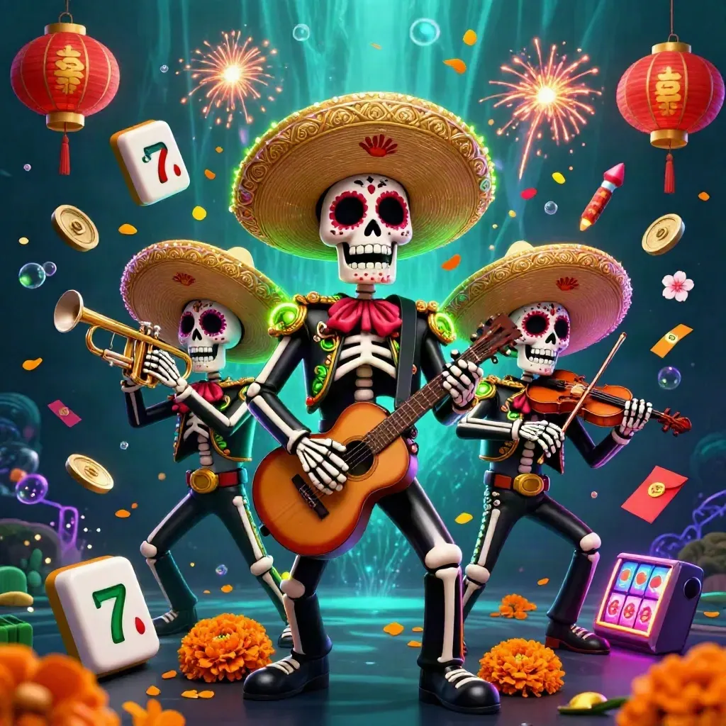 Day-of-the-Dead skeleton mariachi trio amid casino symbols in a glowing underwater neon scene.